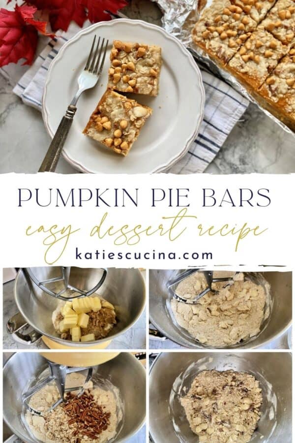 Five photos: top of finished pumpkin pie bars, bottom of four process shots of making crust.