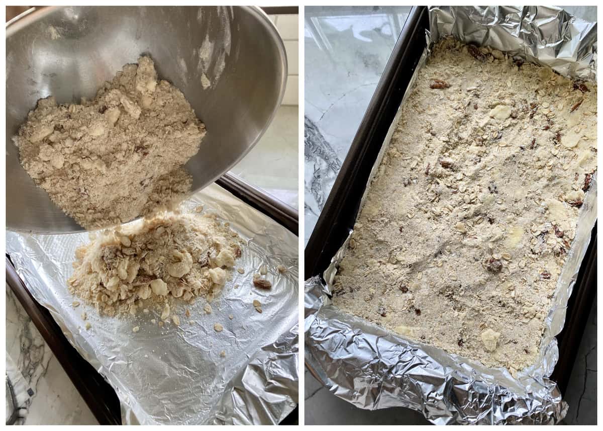 Two photos: left pour crumbs into a pan, right flattended crumbs in a pan.