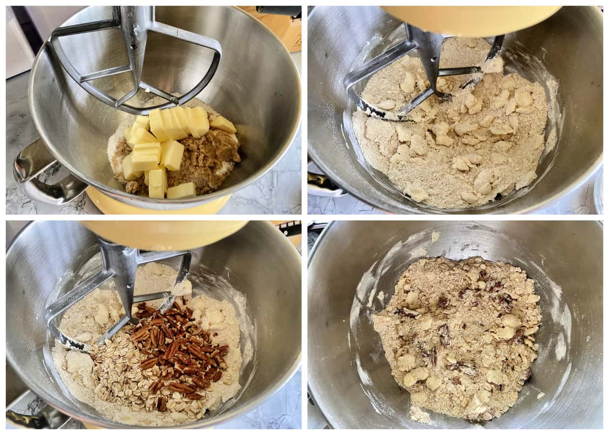 Four process photos of a KitchenAid mixer with a paddle attachment mixing the topping.