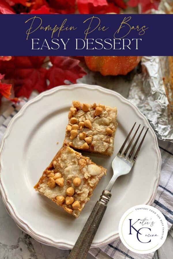 Two pumpkin pie bars on a plate with a fork and text on image for Pinterest.