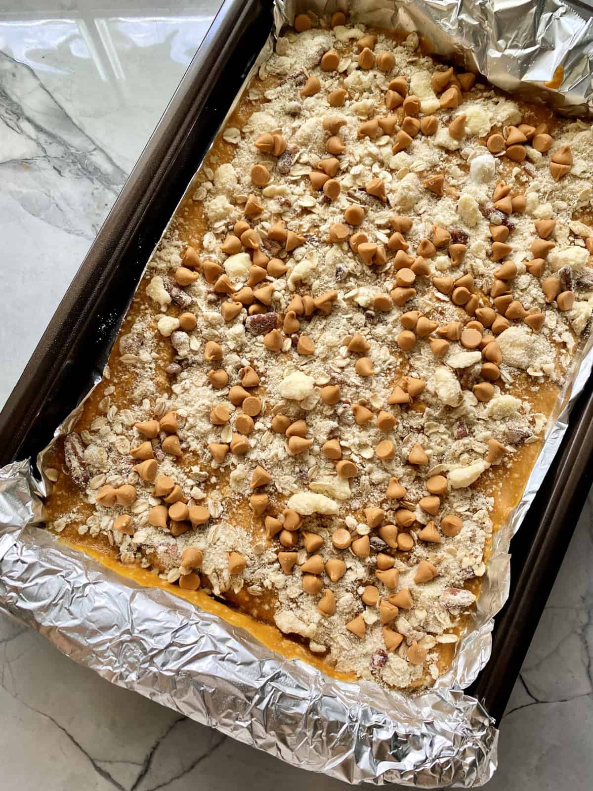 Top view of pumpkin bars before they bake in the oven.