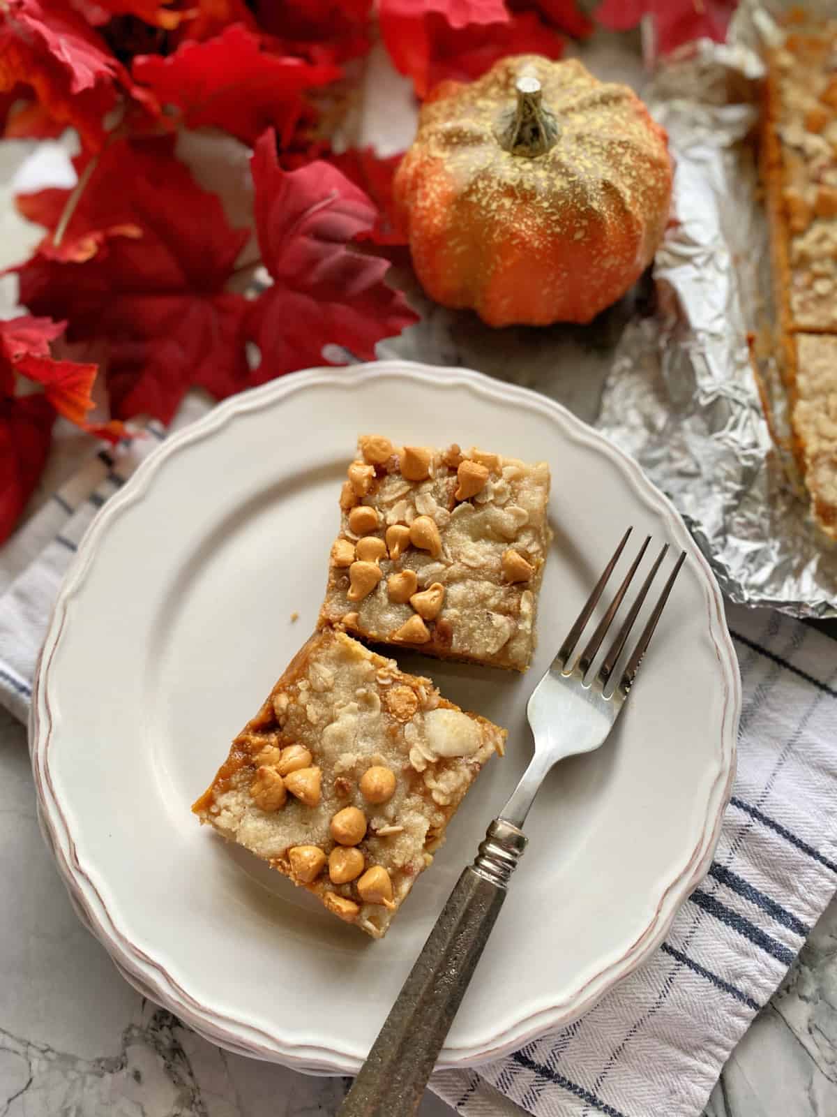 Top view of two pumpkin pie bars with butterscotch chips on a plate.