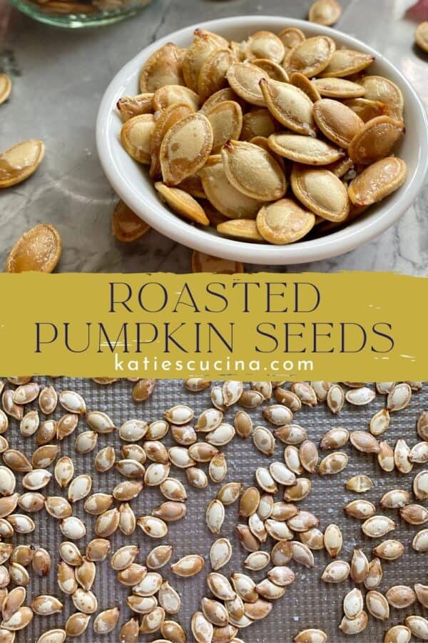 Two photos: top seeds in a white dish, bottom seeds on a baking sheet.