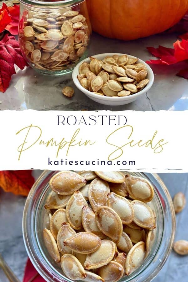 Two photos: Top of seeds on a tray, bottom pumpkin seeds in a jar.