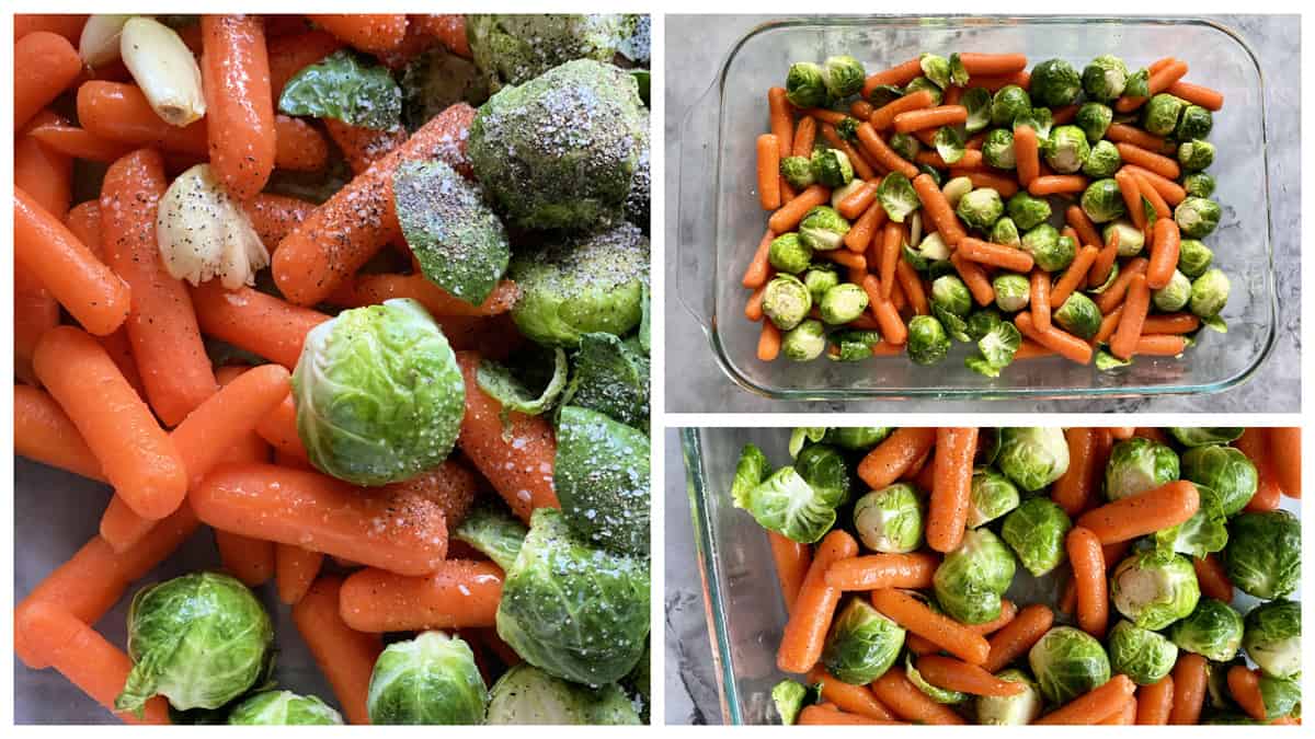 Three photos of preparing Brussels Sprouts and baby carrots.