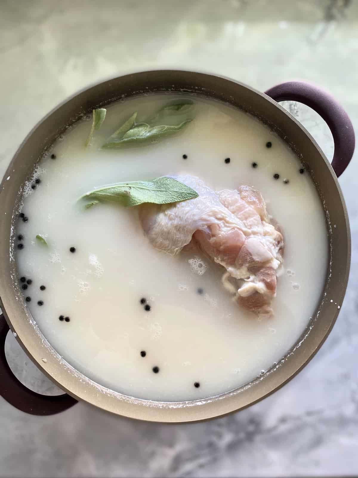 Top view of sage leaves in a buttermilk brine with raw turkey.