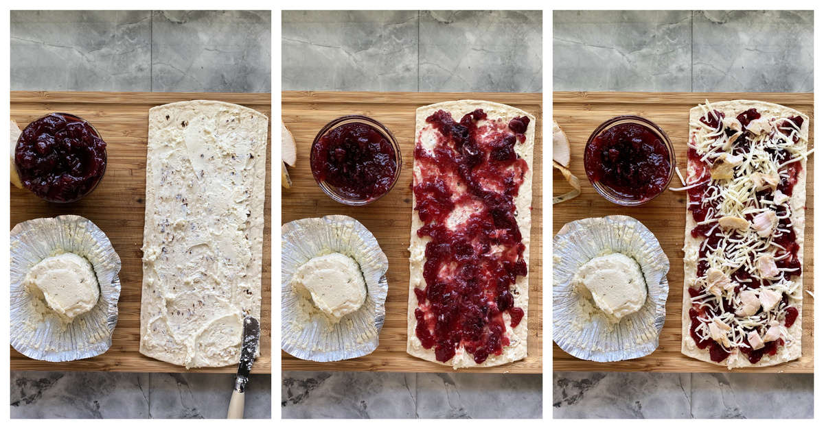 Three process photos on how to make a turkey and cranberry sauce flatbread.