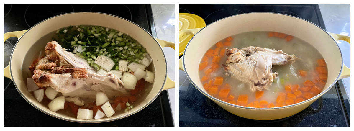 Two photos making turkey stock on a black stovetop.