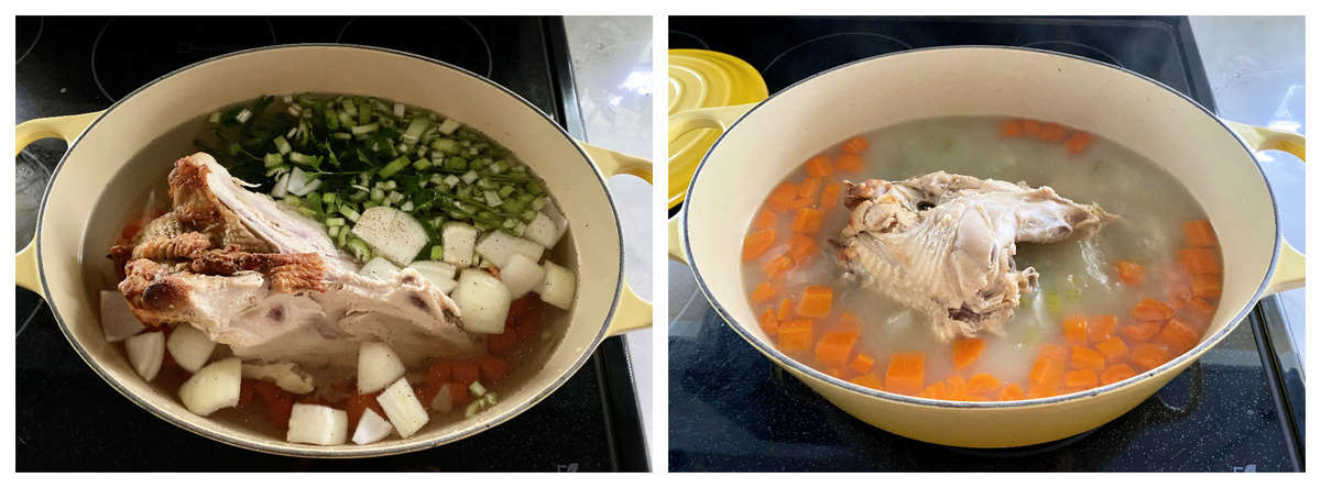 Two photos making turkey stock on a black stovetop.