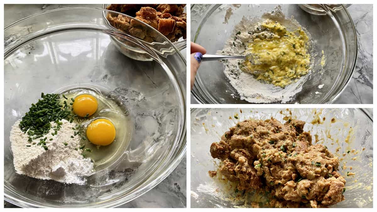 Three photos: Left of ingredients to make dumpkings, top right of whisked eggs, bottom right stuffing dumplings.
