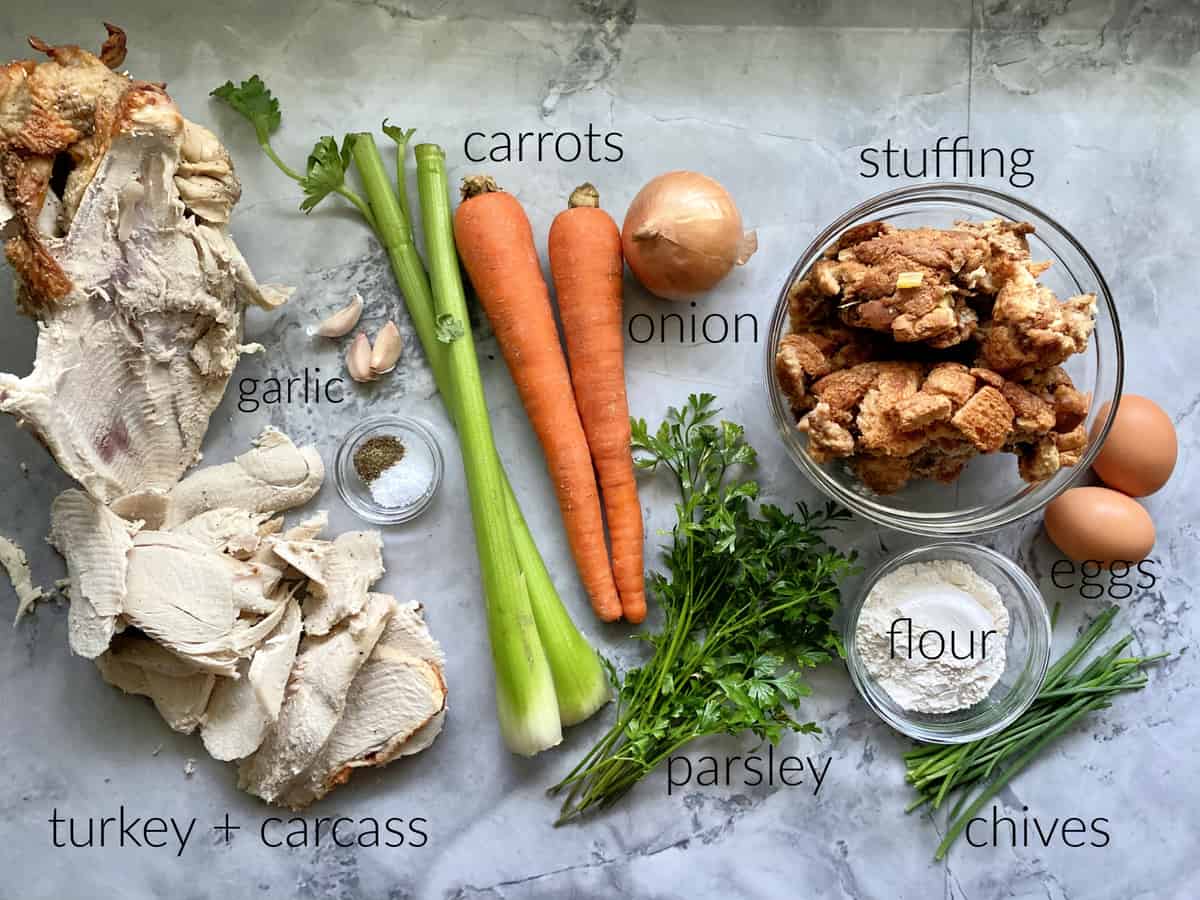Ingredients: turkey, carrots, celery, onion, garlic, stuffing, parsley, flour, eggs, chives.