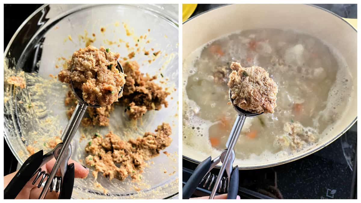 Two photos: left of a bowl of stuffing dumplings, right of a scoop of stuffing dumpling in a pot.