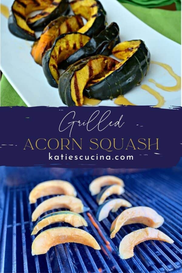 Two photos: Top of grilled acorn squash with the bottom of fresh acorn squash on the grill.