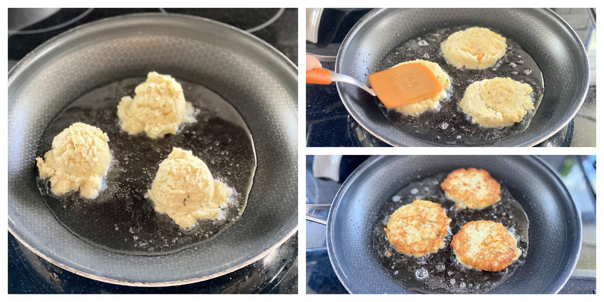 Three photos: showing the frying process of potato cakes.