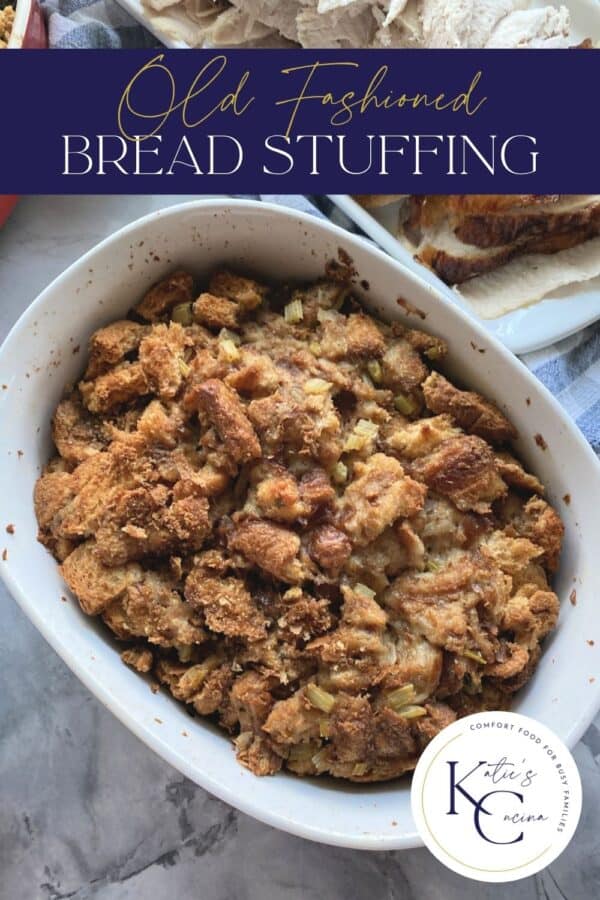 Top view of a baked bread stuffing with text on image for Pinterest.