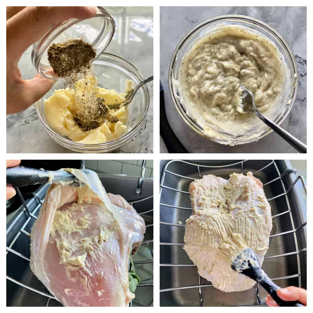Four photo process step of mixing herb butter and placing butter on raw turkey.