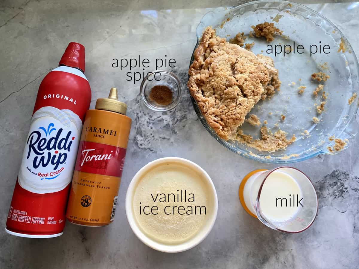 Ingredients: apple pie, milk, ice cream, apple pie spice, carmale sauce, and whipped cream