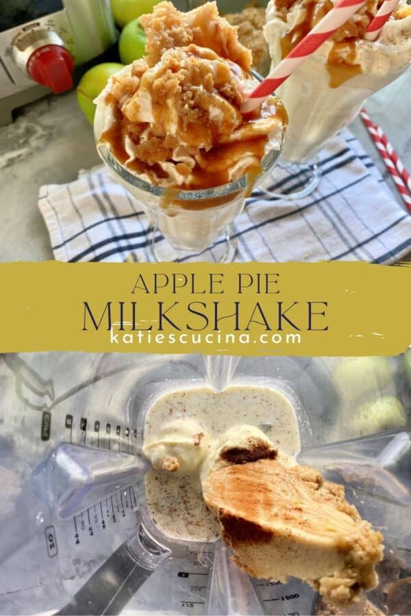 Two milkshake photos: top of filled milkshake glasses, bottom of top view of the blender with ingredients in it.