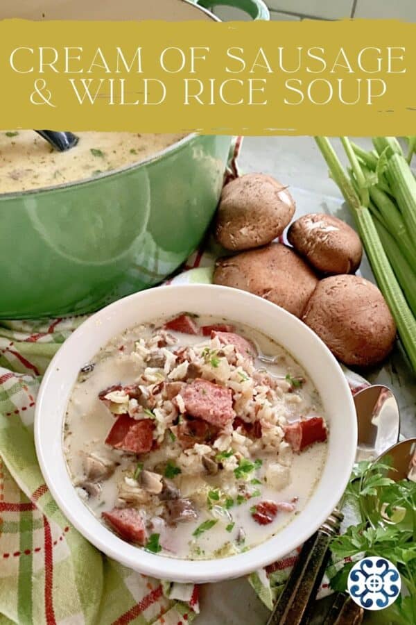 Bowl of sausage and rice soup with text on image for Pinterest.