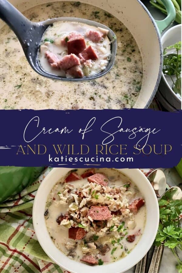 Two photos of sausage and rice soup split by text on image for Pinterest.