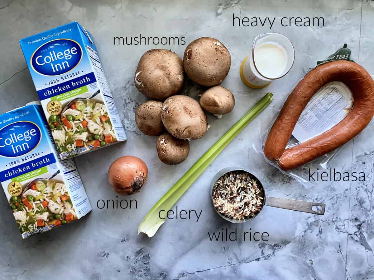 Ingredients: broth, mushrooms, heavy cream, celery, onion, wild rice, kielbasa.