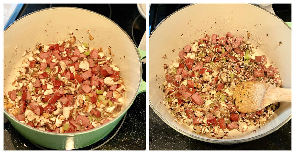 Two photos: Left filled with sauasge and vegetables. Right filled with sausage wild rice and vegetables.