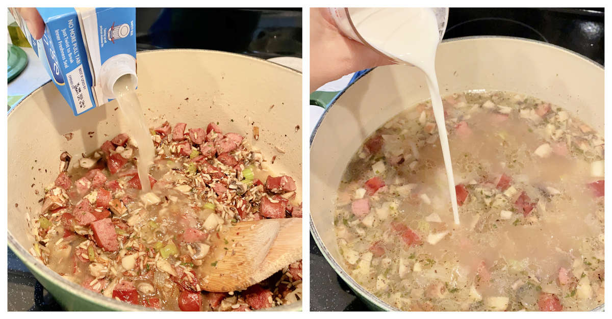 Two photos: Left pouring chicken broth into pot, right pouring cream.