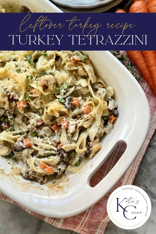 Top view of a casserole dish filled with pasta and vegetables with text on image for Pinterest.