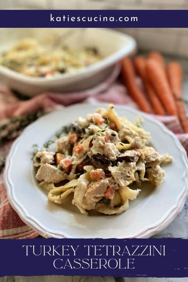 White plate filled with creamy pasta with text on image for Pinterest.