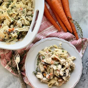 Top view of turkey and pasta on a plate and in a baking dish.