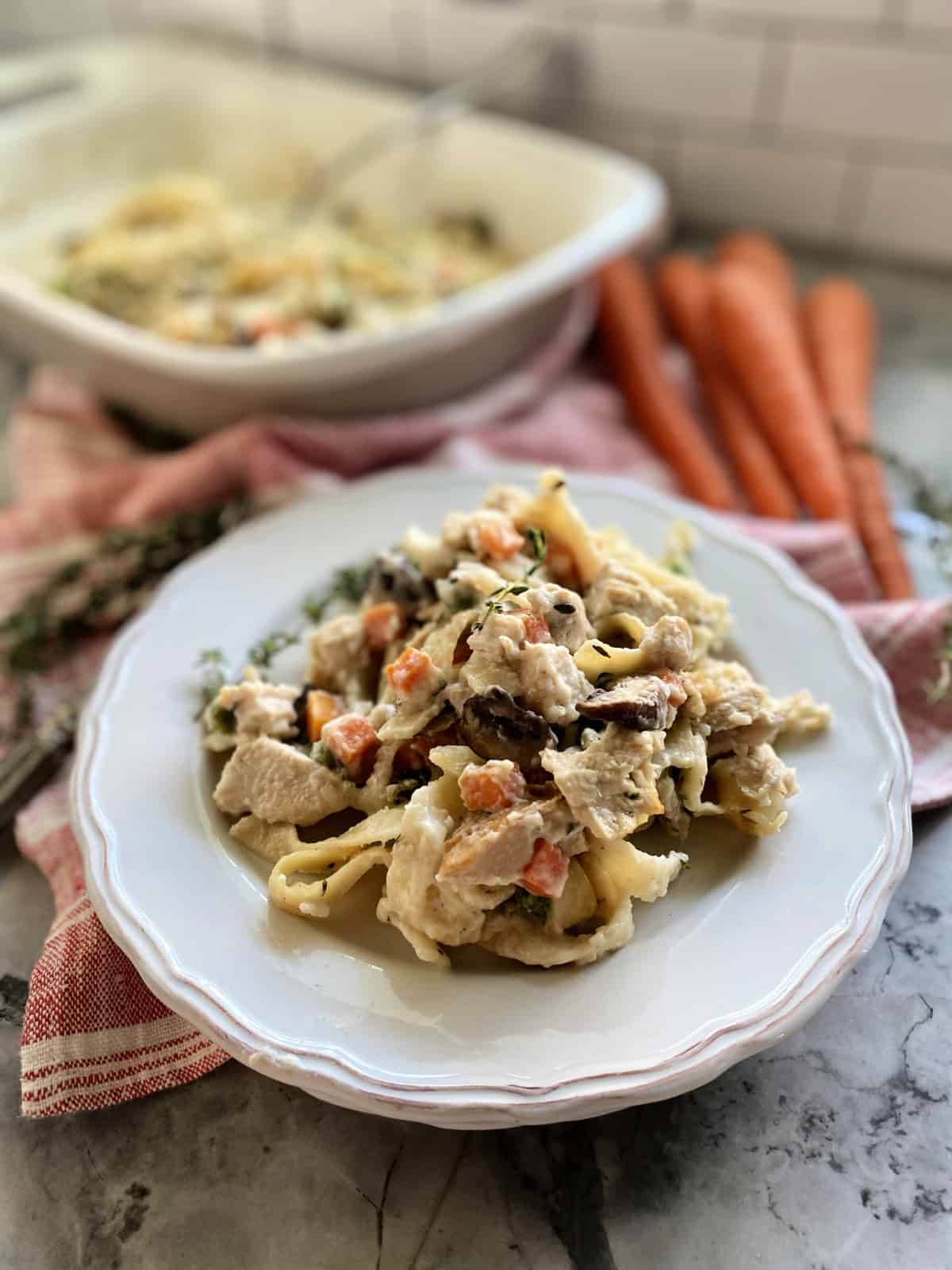 Plate of noodles, turkey, and carrots on a red and white cloth.