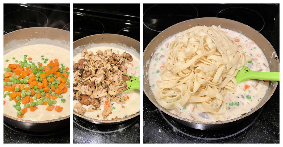 Three photo split: Sauce pan with cream sauce, peas and carrots, mushrooms and turkey, and pasta.