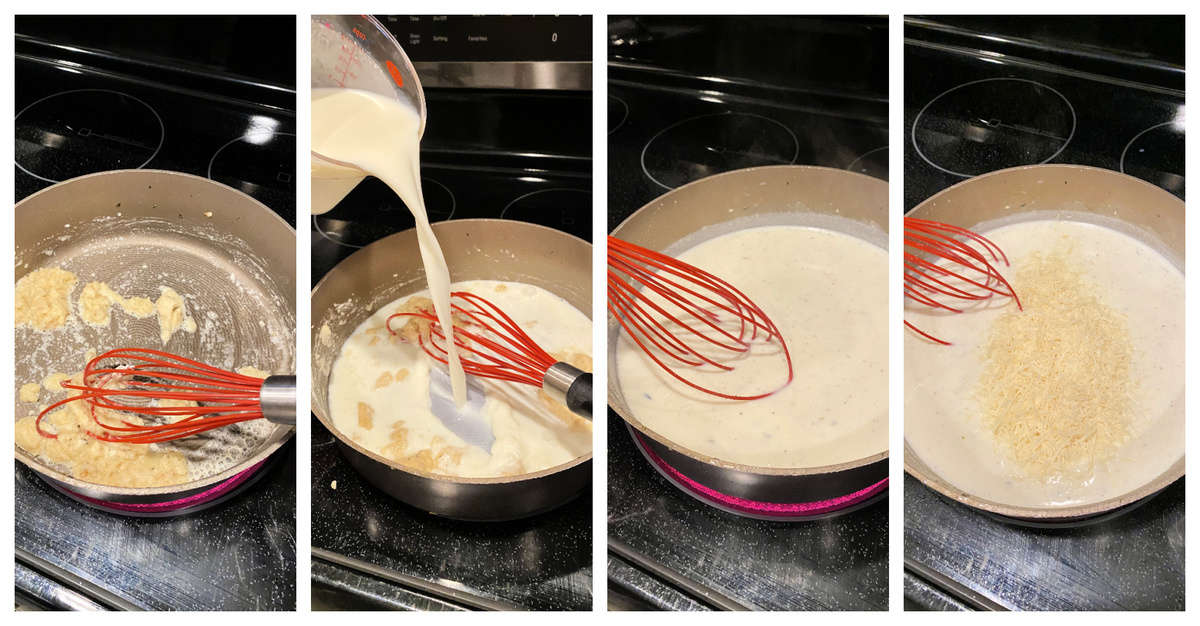 Four photos showing the process of making a cream sauce in a pot.