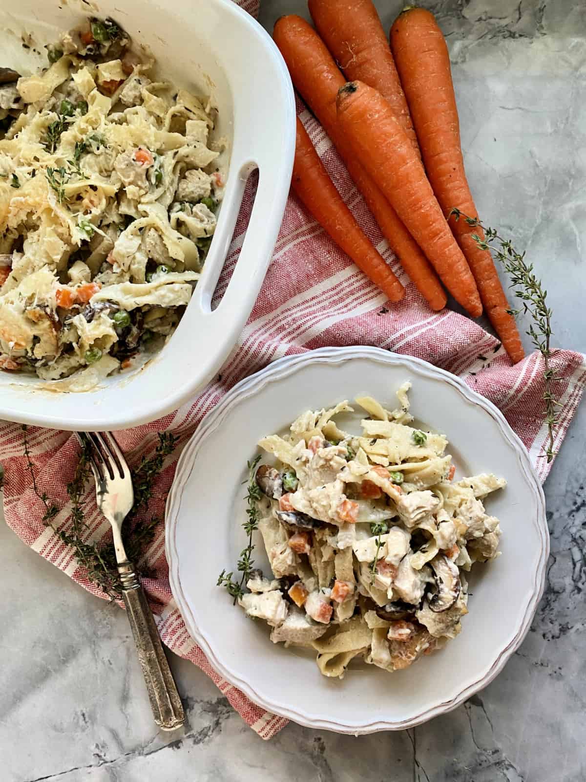 Top view of turkey and pasta on a plate and in a baking dish.