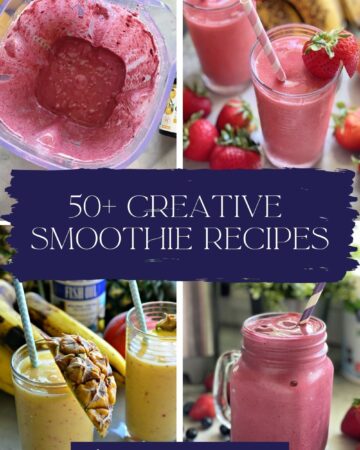 Four photos of bright colored smoothies with text on image for Pinterest.