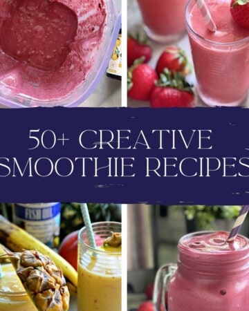 four smoothies with text on image for pinterest.