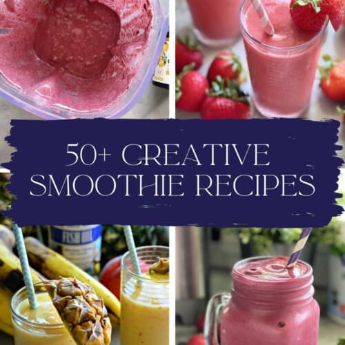 four smoothies with text on image for pinterest.