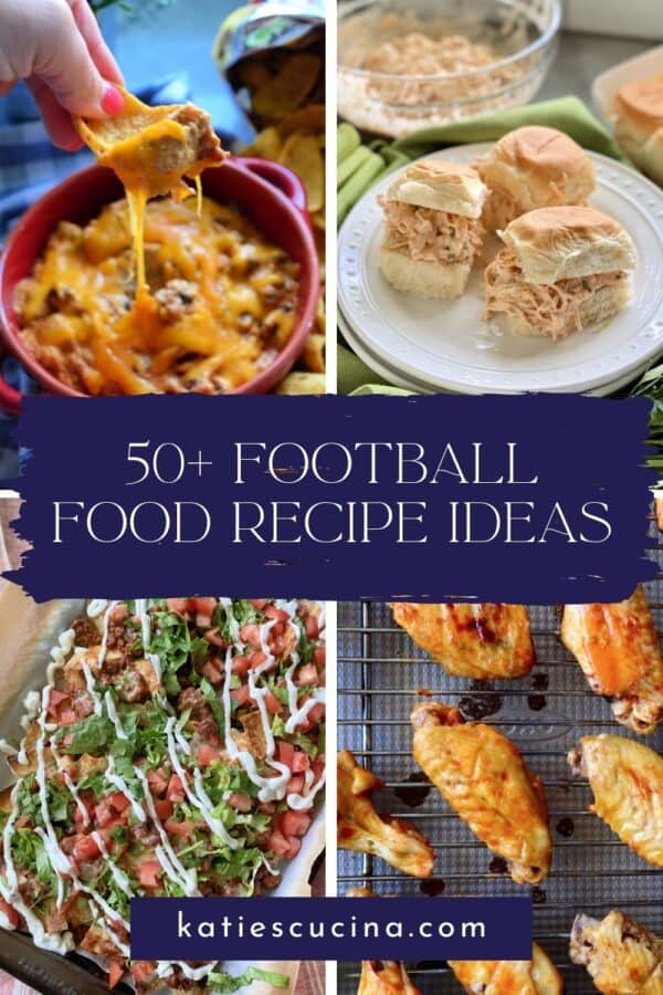 Four photos of football appetizers with text on image.