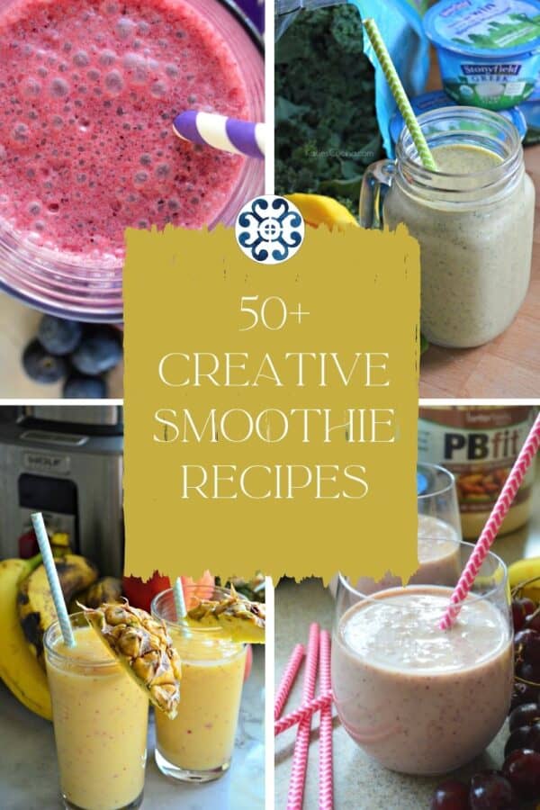 Four photos of smoothies with with text on image for Pinterest.