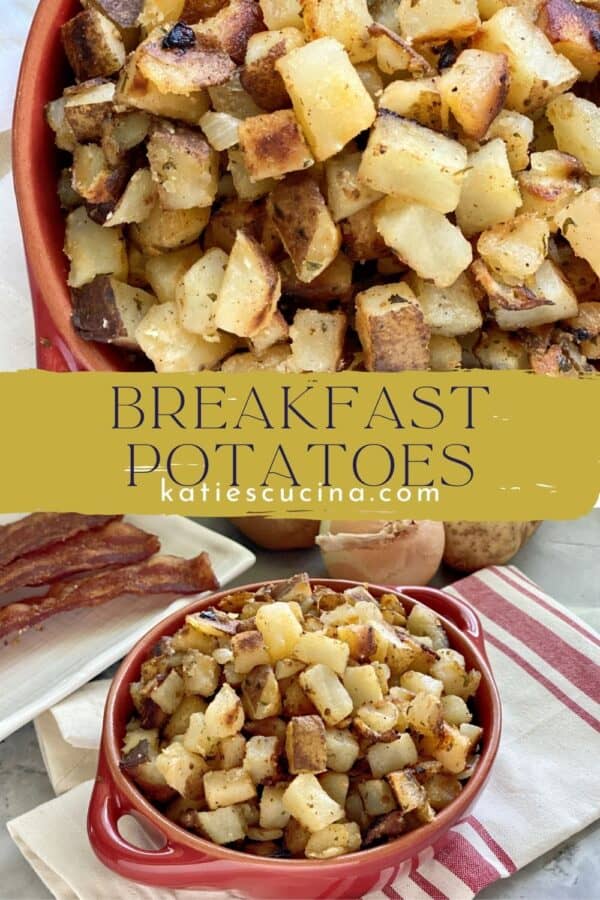 Two photos; top of cooked diced potatoes, bottom of a bowl of potatoes.