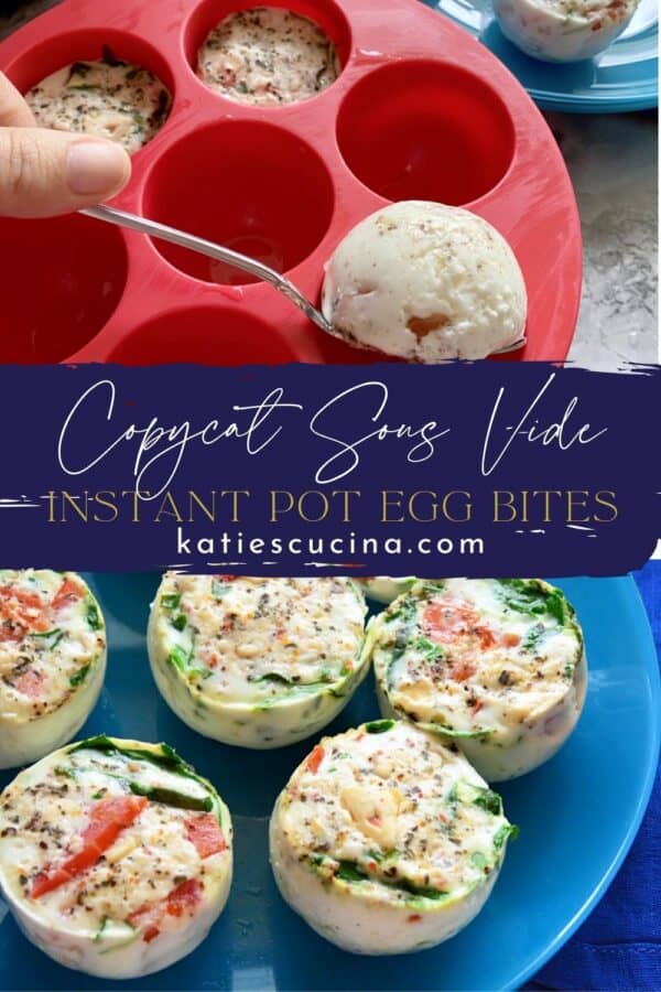Two recipes of egg bites split by text on image for Pinterest.