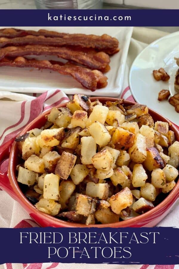 Red bowl filled with potatoes with text on image for Pinterest.