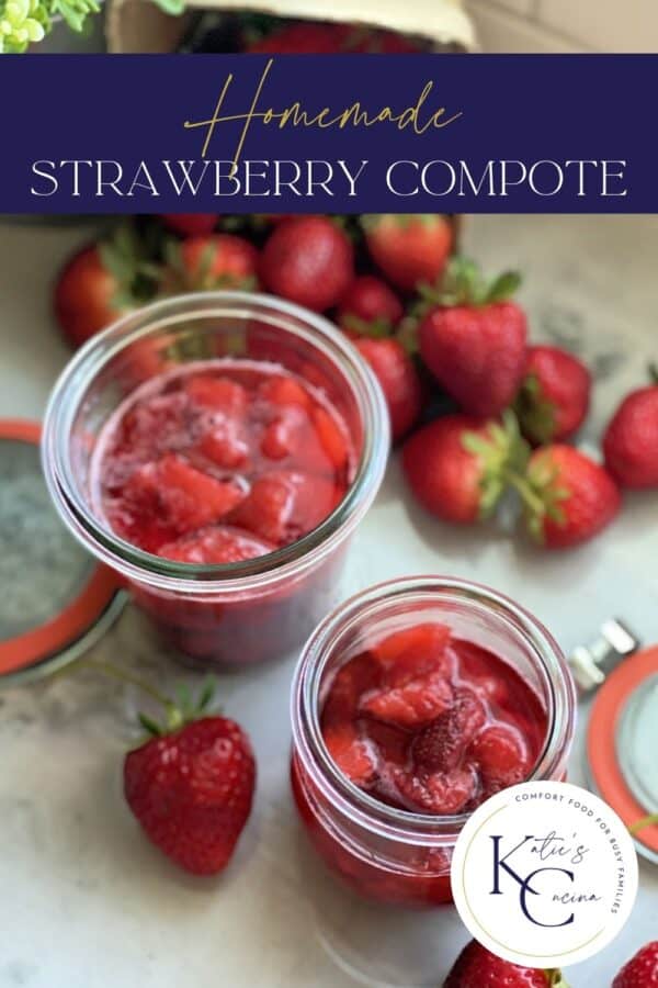 Two glass jars filled with strawberry sauce with text on image for Pinterest.