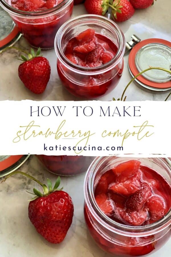 Two photos of strawberry sauce split by text on image for Pinterest.