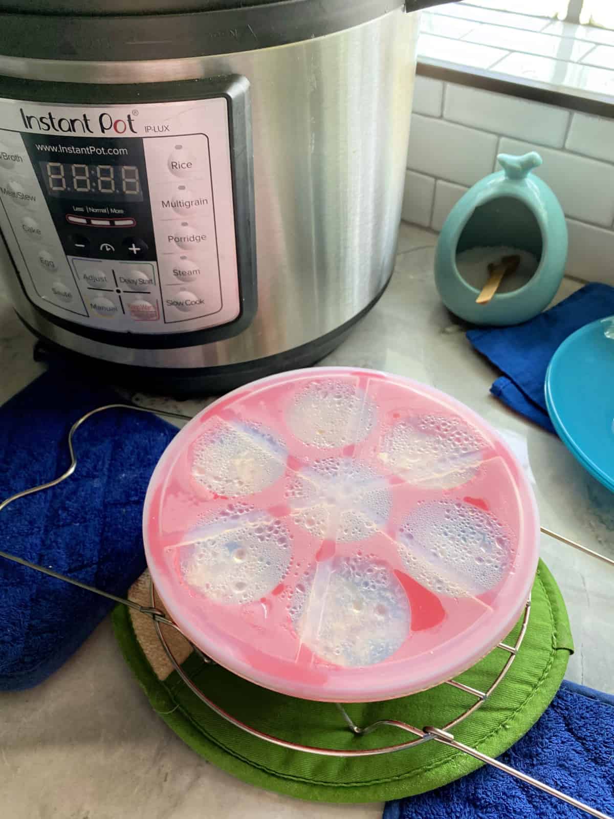 Egg mould on a wire rack with Instant Pot in background.