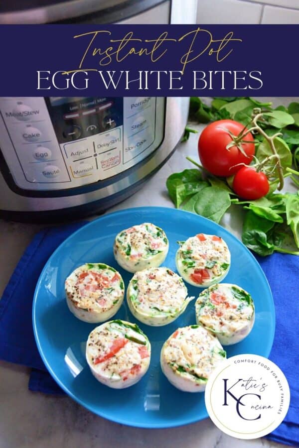 Top view of egg white bites on a blue plate with text on image for Pinterest.