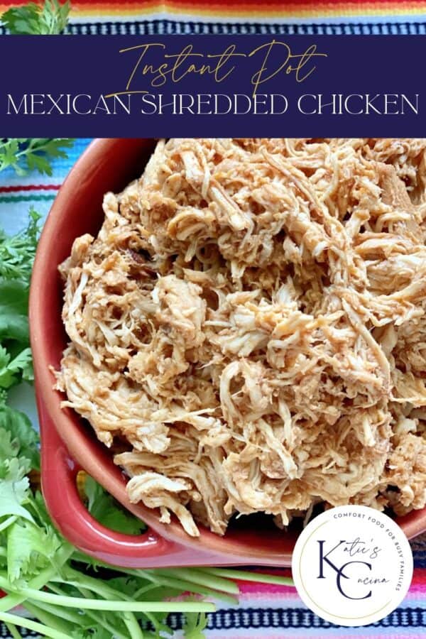 Top view of shredded chicken in a red bowl with text on image for Pinterest.