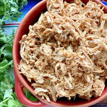 Top view of a red bowl filled with shredded chicken with fresh cilantro on the side.