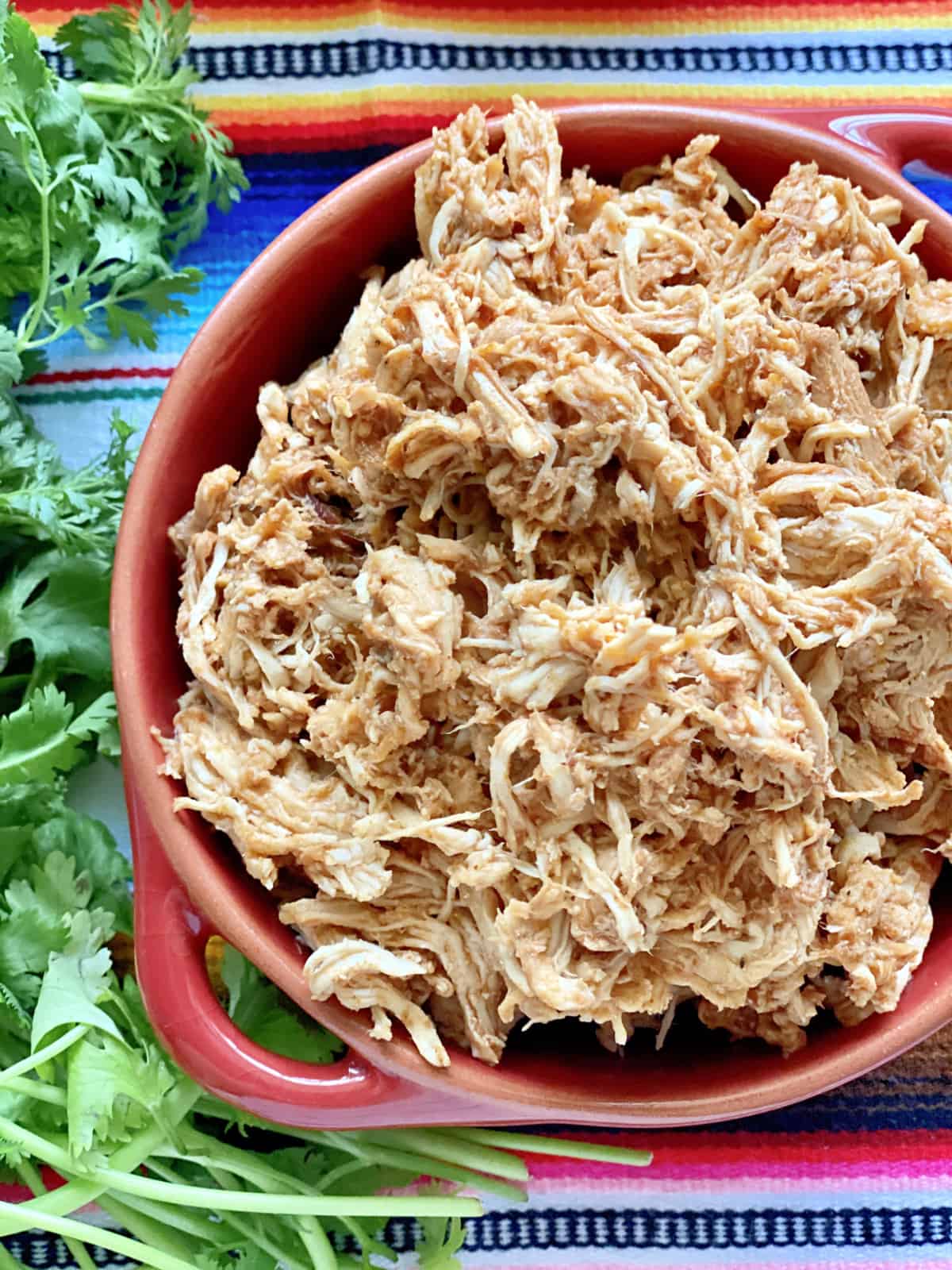 Top view of a red bowl filled with shredded chicken with fresh cilantro on the side.