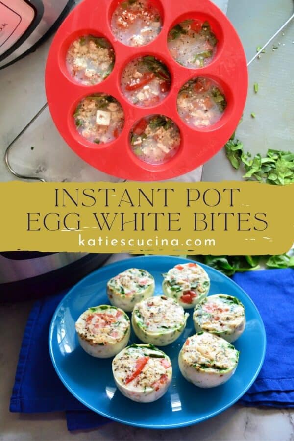 Two photos of egg white bites split by text on image for Pinterest.